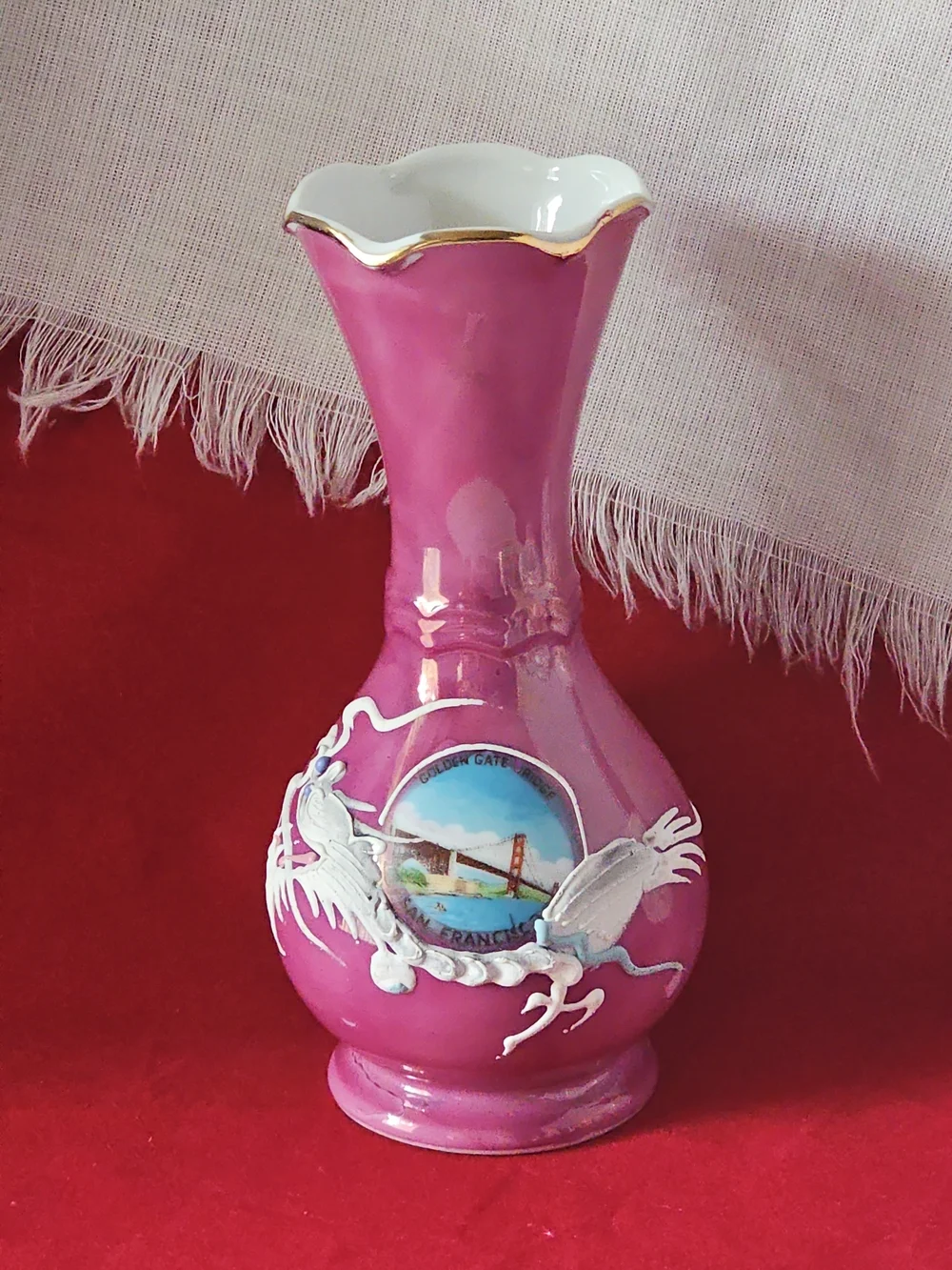 Vintage Pink Decorative Porcelain San Francisco Souvenir Vase with Gold Rim